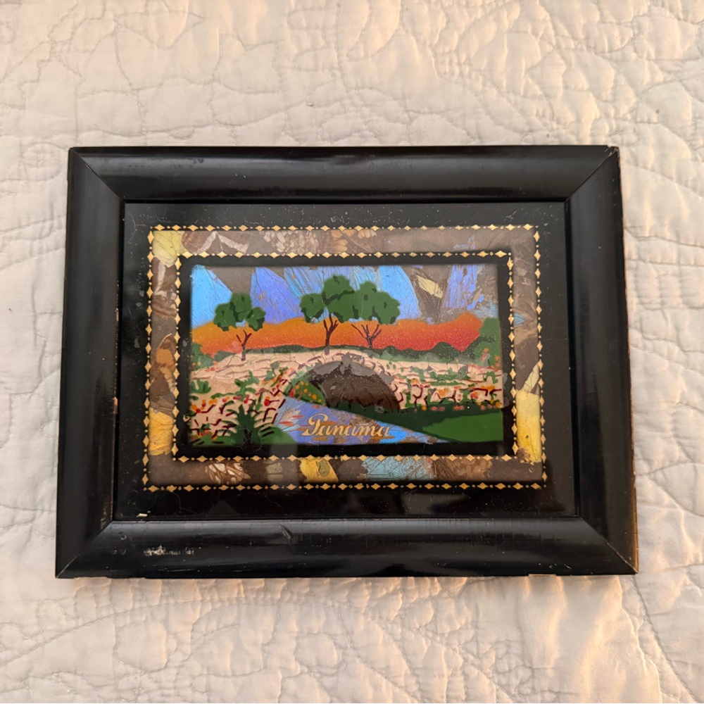 Vintage Reverse-Painted Butterfly Wing Art - Real Blue Morpho Souvenir 5x7